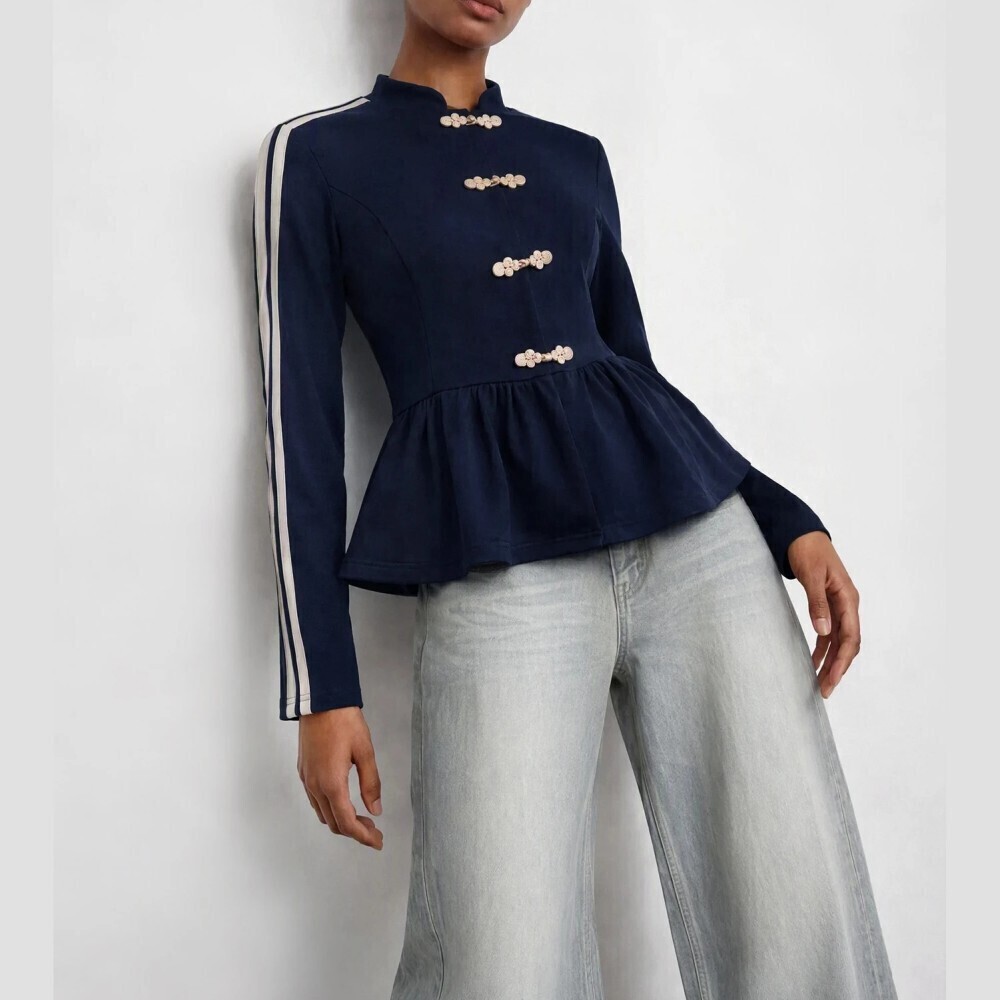 Navy Knit Frog Closure Peplum Suit Jacket with Side Stripe Sleeves